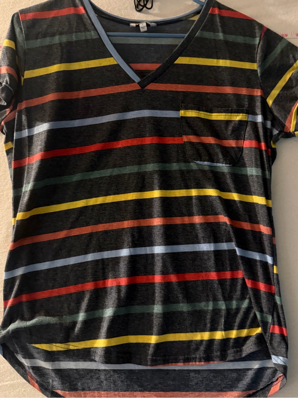 Angel Kiss Striped V-Neck Tee in Black with Multicolor Stripes
